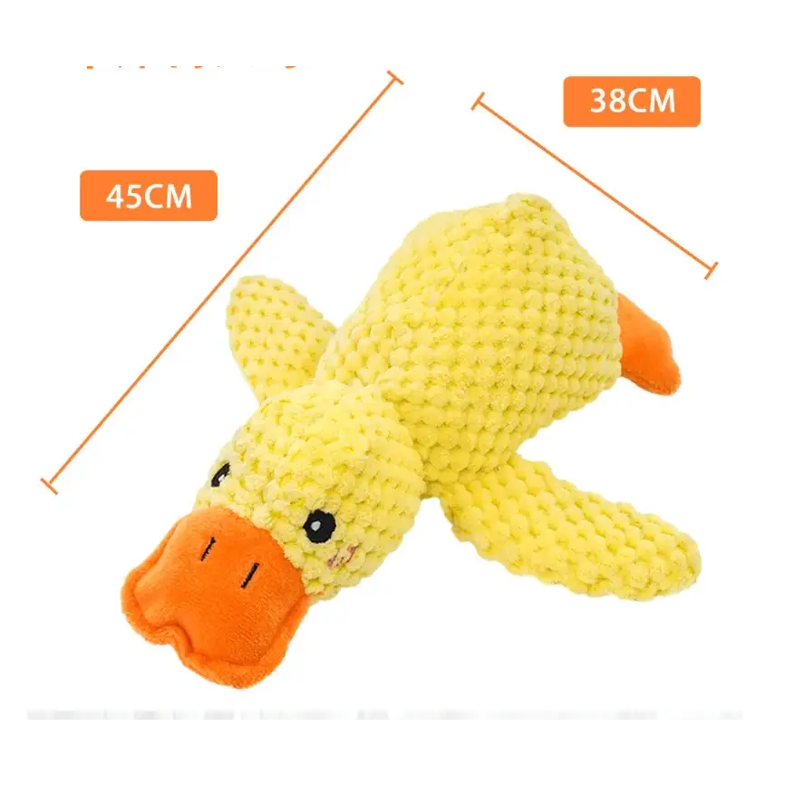 Yellow crocheted duck-shaped pet toy with an orange beak and feet.