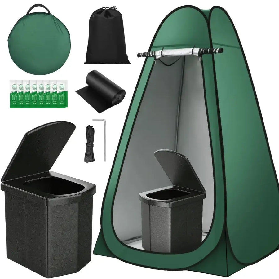 Green portable shower tent with black trash bin and accessories