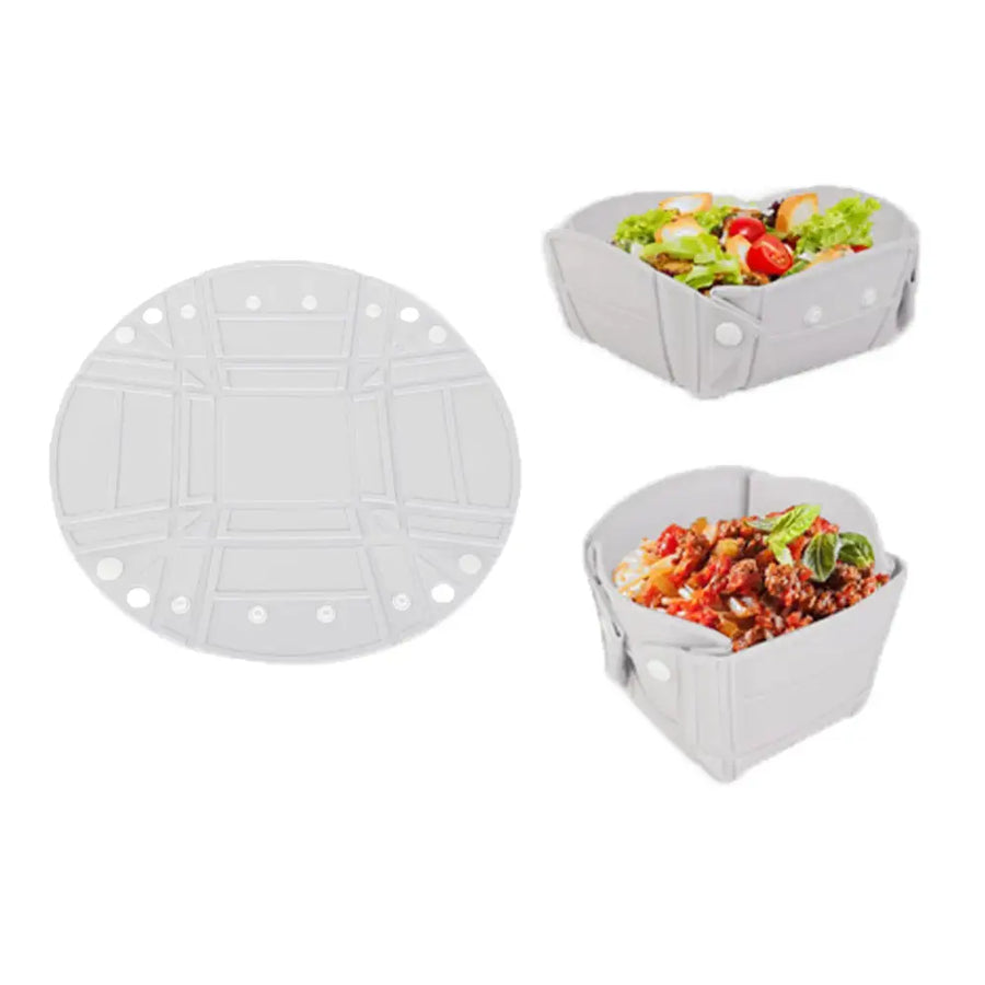 White collapsible silicone food container with foldable design and snap-button closures