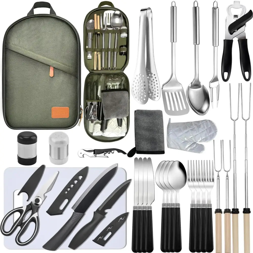 Olive green canvas backpack with orange leather patch and black zipper, containing a complete set of stainless steel camping cookware and utensils.