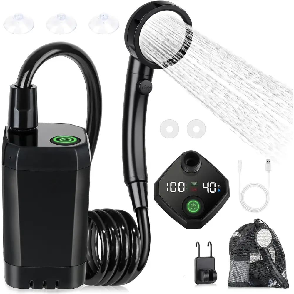Black portable shower system with digital temperature and pressure display, coiled hose, suction cups, and usb charging cable