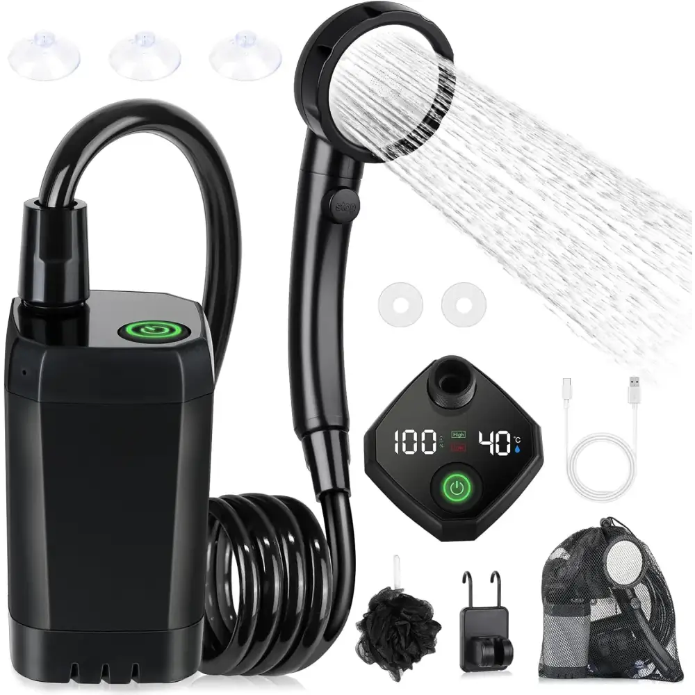 Black portable shower system with digital temperature and pressure display, flexible hose, and suction cups for versatile use
