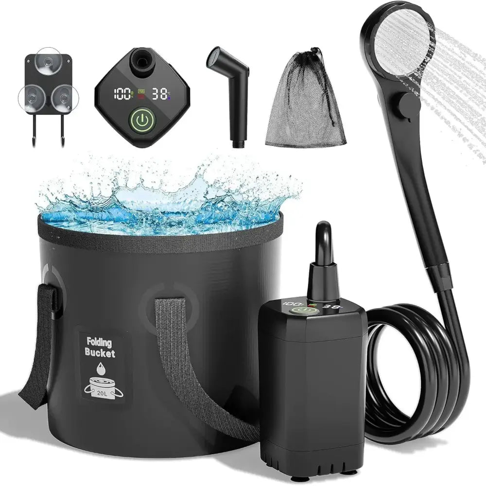 Black foldable 20l shower bucket with integrated pump and digital display