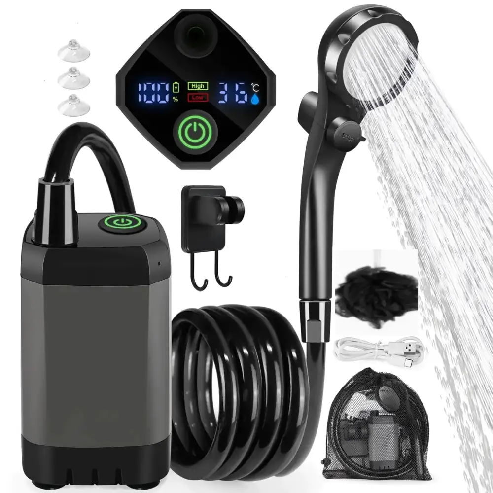Black digital showerhead with adjustable spray settings and a built-in temperature display.