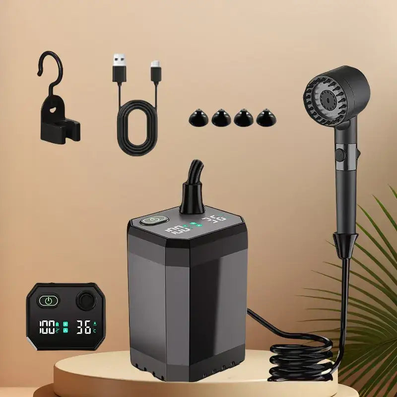 Black digital hair dryer with a sleek, modern design and temperature display
