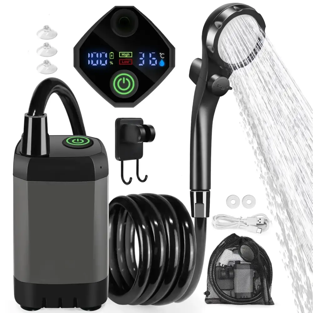 Black digital shower pump system with a handheld showerhead and coiled hose