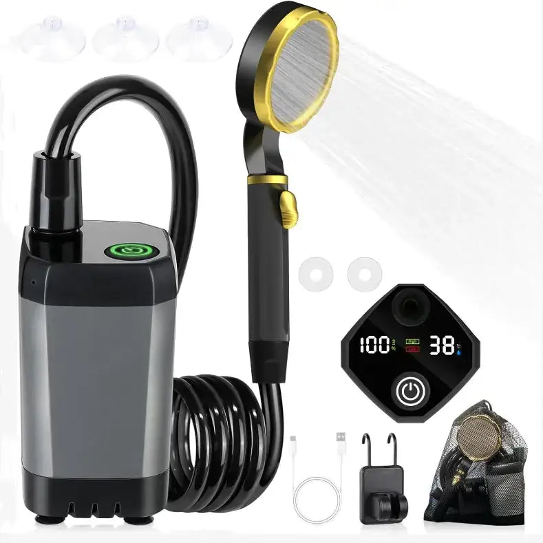 Black and gold handheld showerhead with a digital temperature display.