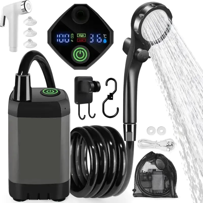 Black and gray portable shower system with digital temperature display and handheld showerhead