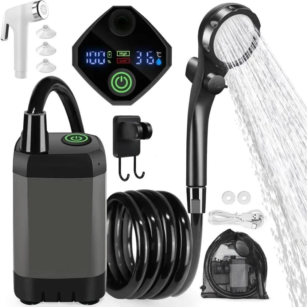 Black and gray electric shower pump system with digital display, handheld showerhead, suction cups, coiled hose, power cable, and mounting hook