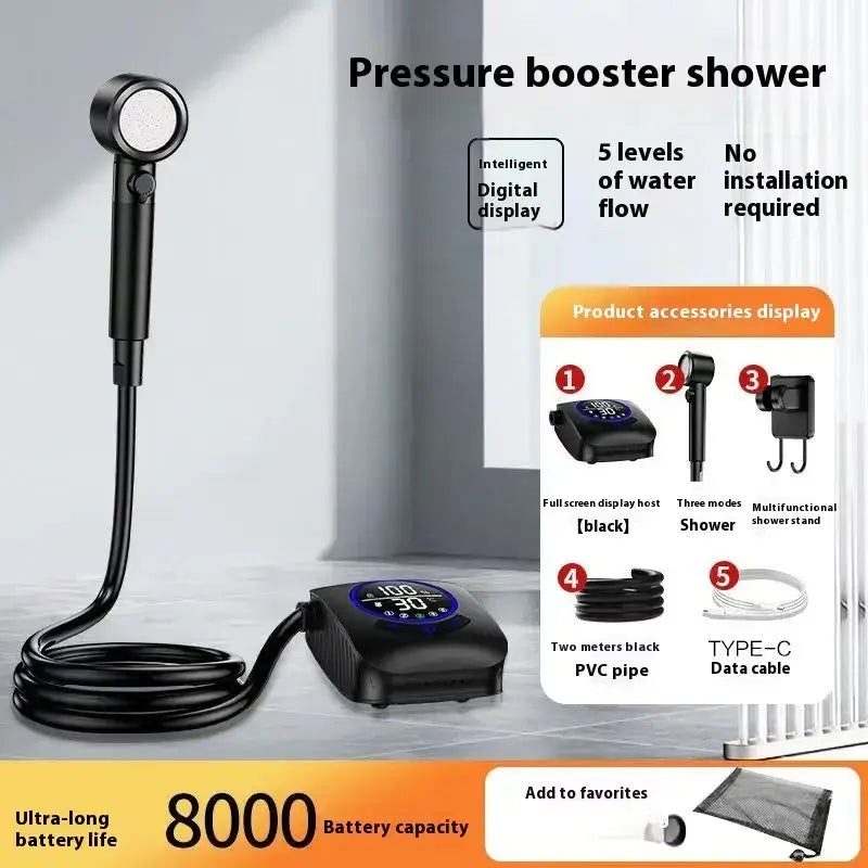 Black pressure booster shower with a digital display and 8000mah battery capacity.