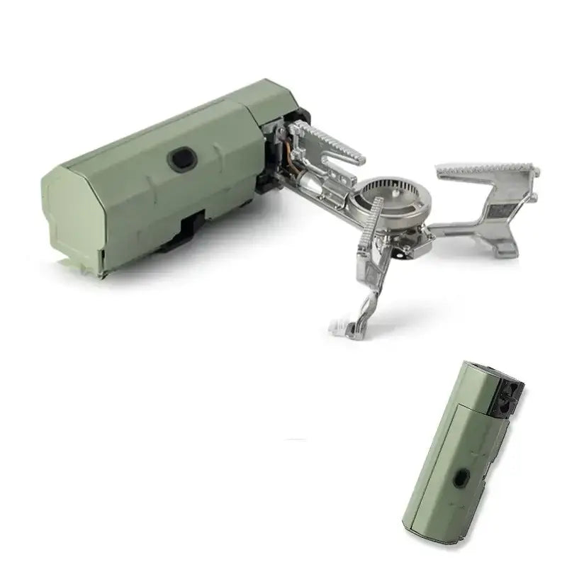 Olive green portable camping stove with silver metal burner and stand, shown assembled alongside its compact carrying case.