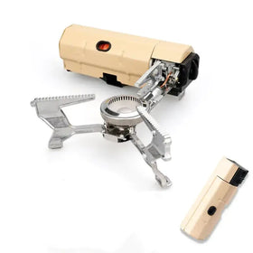 Tan and black portable camping stove with a silver burner assembly, featuring an integrated fuel canister and ignition device.