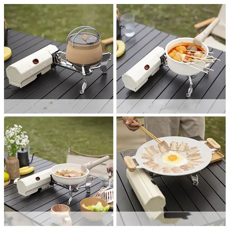 White portable electric stove with a compact rectangular body and adjustable metal legs
