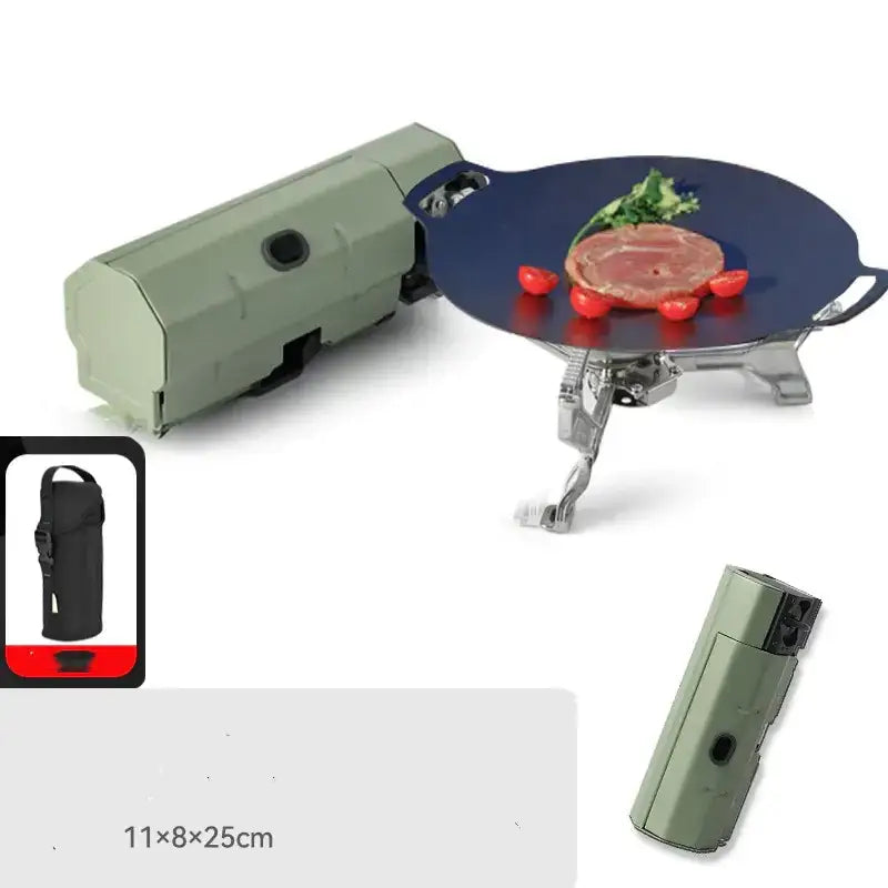 Olive green portable camping stove with foldable cooking surface and silver metal legs.