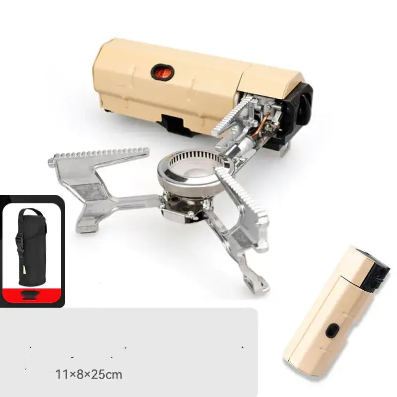 Beige and black portable camping stove with a silver burner assembly.