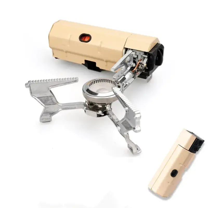 Tan and black portable camping stove with a silver burner assembly, featuring an integrated fuel canister and ignition device.