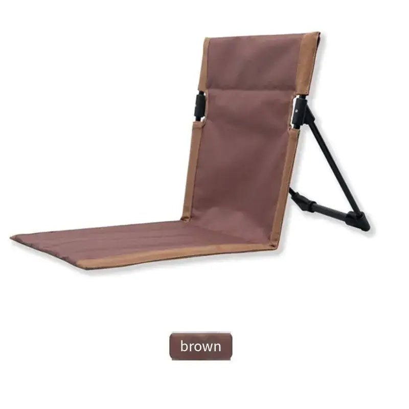Brown foldable camping chair with a fabric seat and backrest supported by black metal legs.