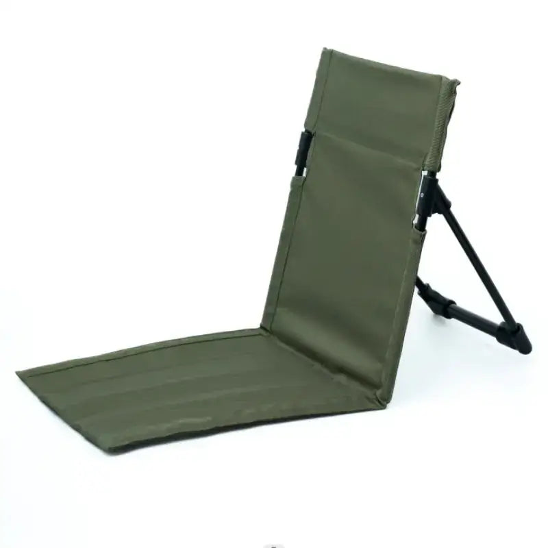 Olive green fabric folding camp chair with black metal frame.
