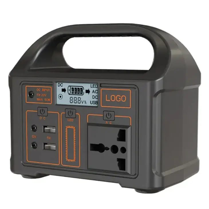 Black portable power station with orange-accented ports and a digital display showing battery level.