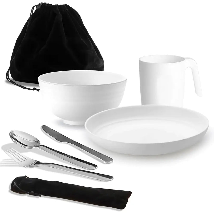 White ceramic dinnerware set with matching mug and stainless steel cutlery, packaged in black velvet drawstring bag.
