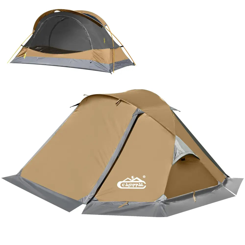 Tan and gray camppal two-person tent with a mesh window and rainfly.