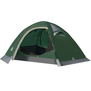 Dark green dome-style camping tent with gray trim and mesh windows.