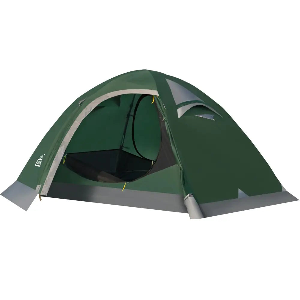 Dark green dome-style camping tent with gray trim and mesh windows.