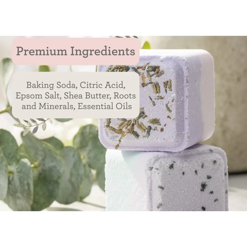 Lavender-scented bath bombs with a soft purple hue and embedded dried herbs.