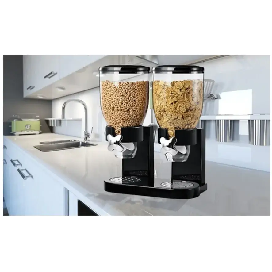 Black dual cereal dispenser with clear plastic containers and chrome-finished dispensing spouts