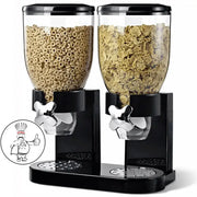 Black dual-cereal dispenser with clear plastic containers and chrome-finished, flower-shaped dispensing spouts.