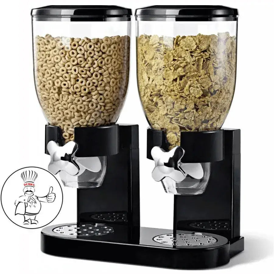 Black dual-cereal dispenser with clear plastic containers and chrome-finished, flower-shaped dispensing spouts.