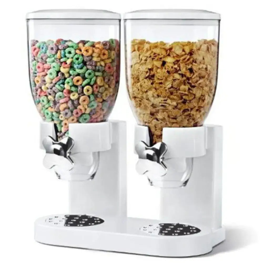 White dual-cereal dispenser with clear containers holding colorful fruit loops and golden granola, each featuring a shiny chrome spout.