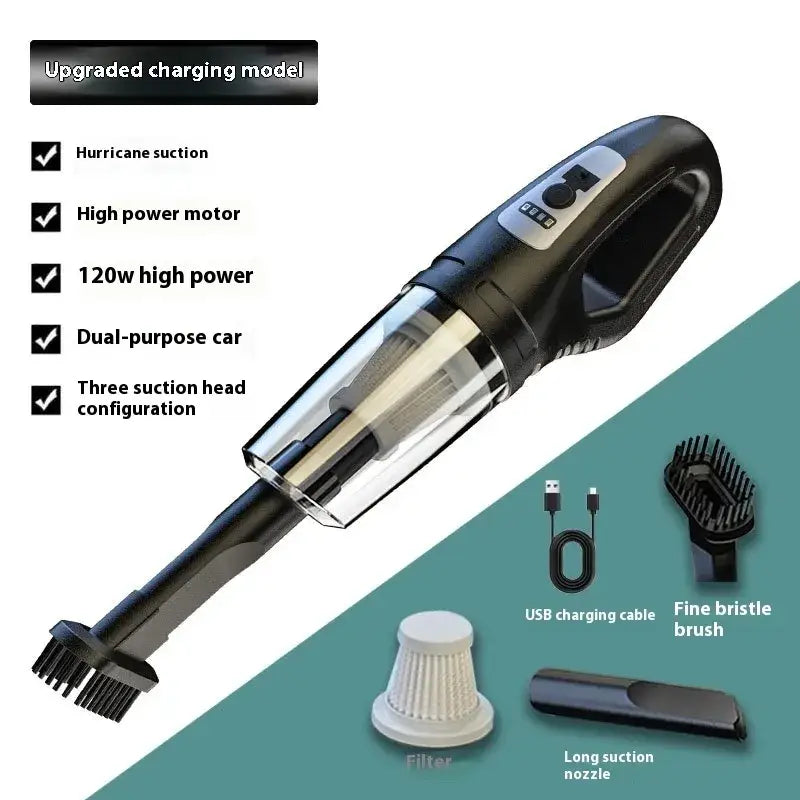 Black handheld vacuum cleaner with transparent dust collection chamber and usb charging capability.