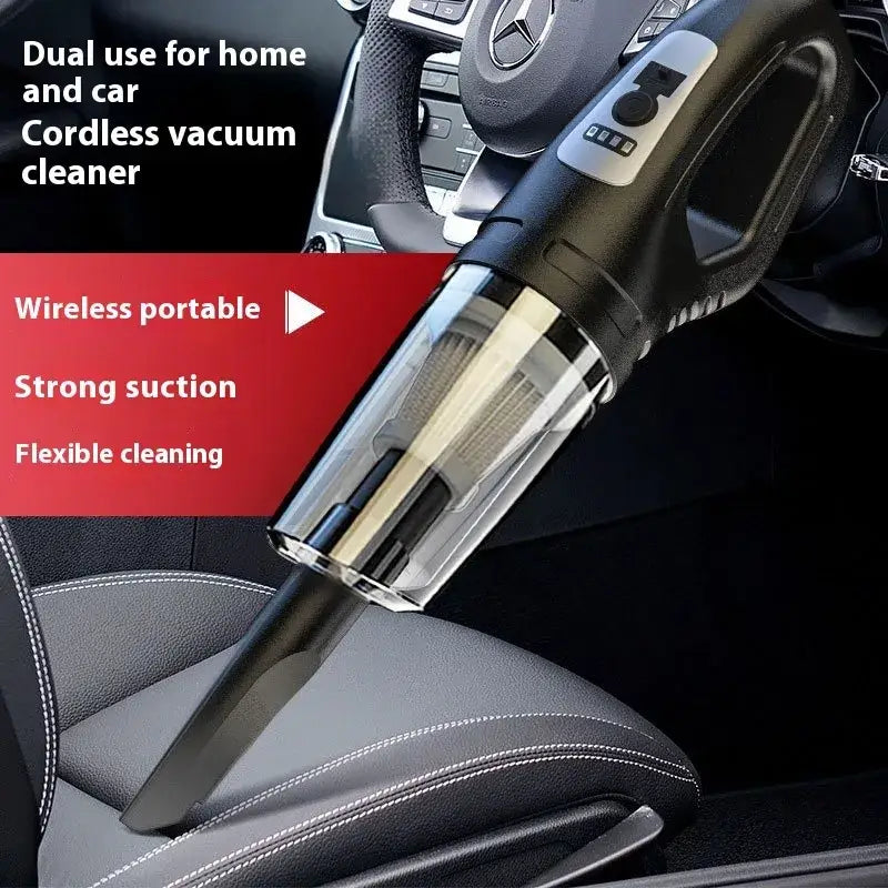 Black and transparent cordless vacuum cleaner with a sleek, handheld design for dual home and car use.
