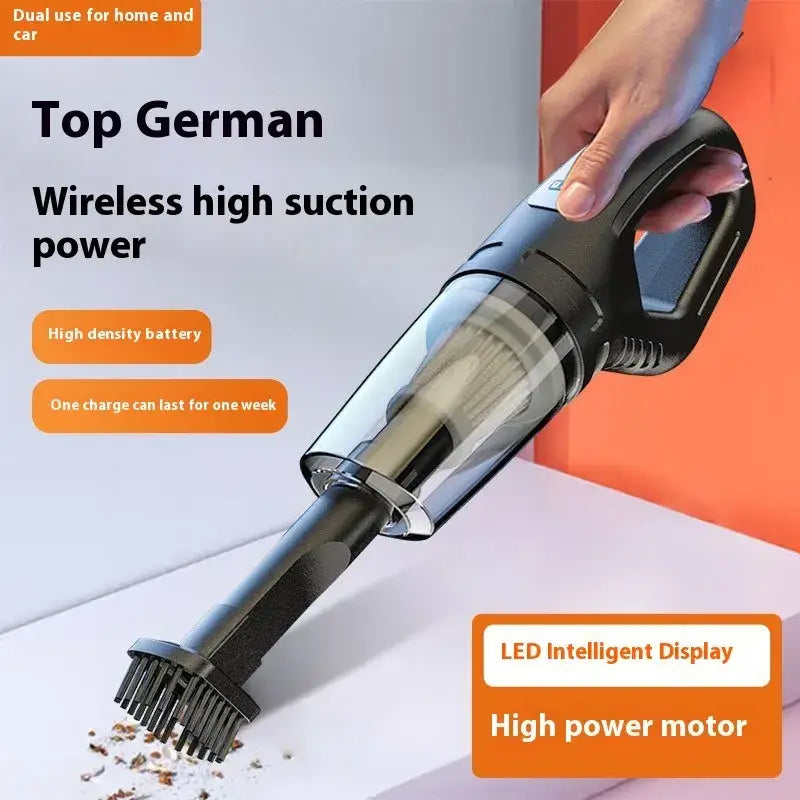 Black wireless handheld vacuum cleaner with transparent dust collection chamber and brush attachment.