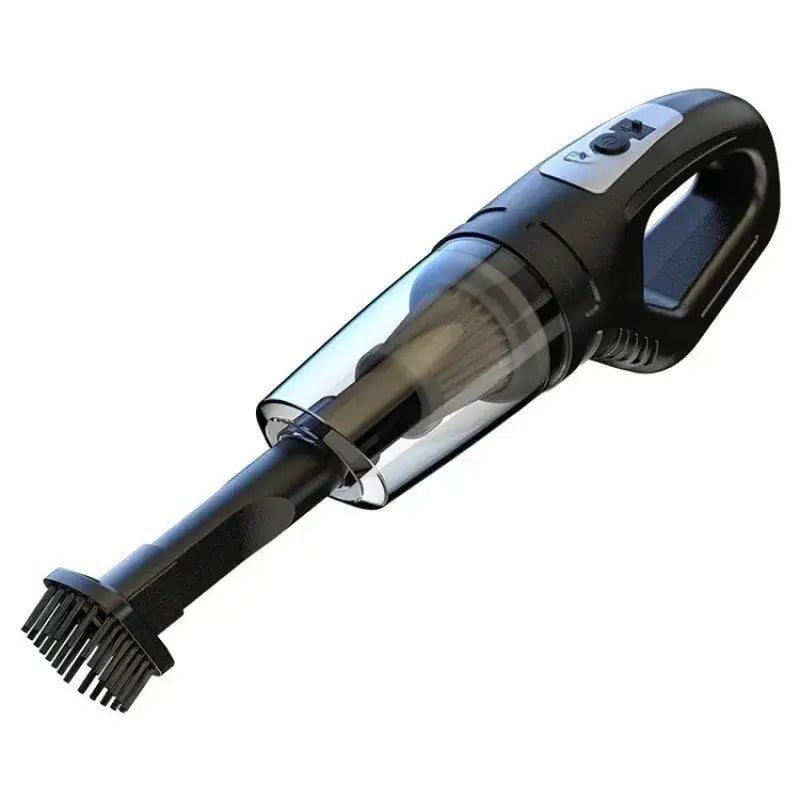 Black handheld vacuum cleaner with a transparent dust collection chamber and a brush attachment.