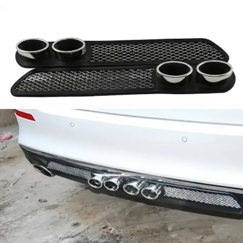 Black mesh car rear bumper protector with four chrome-finished cup holders.