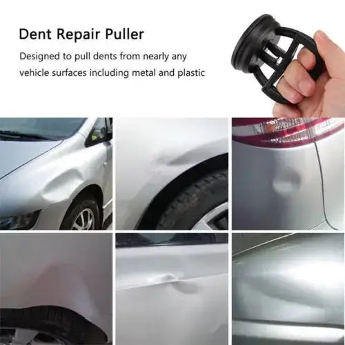 Black plastic dent repair puller with a suction cup and handle