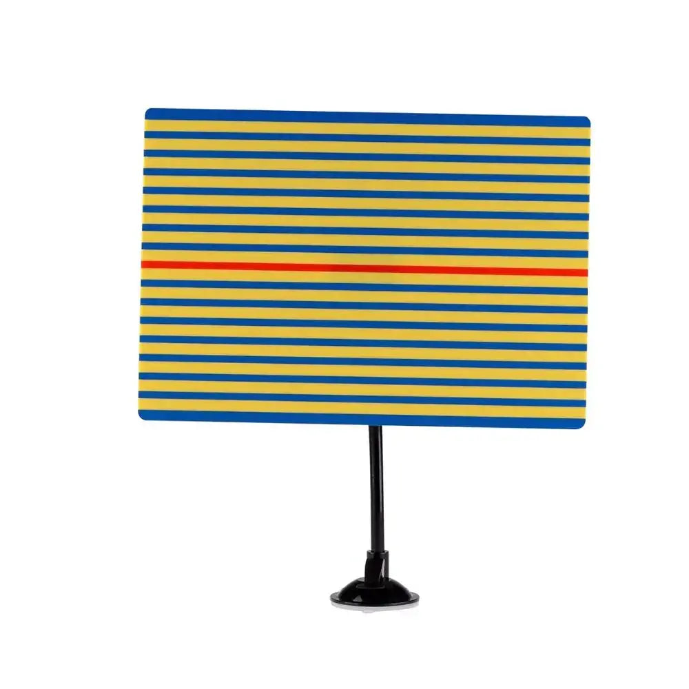 Rectangular sign with alternating blue and yellow horizontal stripes, featuring a single red stripe near the center.