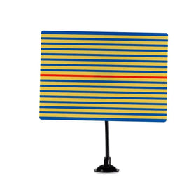 Rectangular sign with alternating blue and yellow horizontal stripes, featuring a single red stripe near the center.