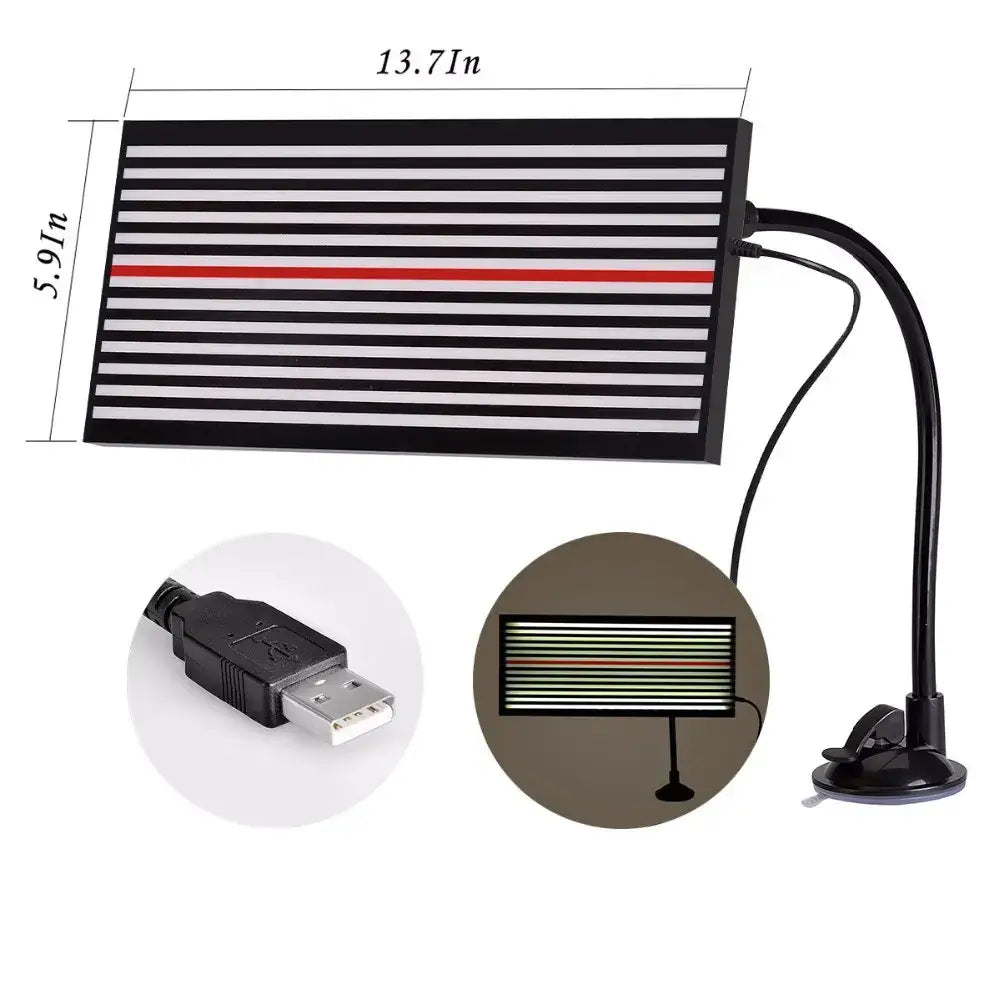 Black rectangular led aquarium light with a single red stripe among horizontal white stripes, featuring a flexible gooseneck arm and a suction cup base.