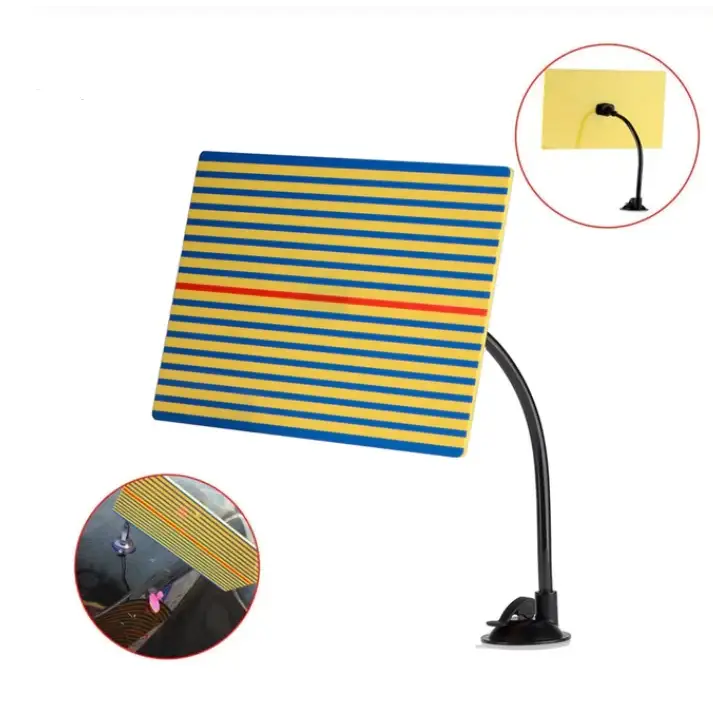 A yellow and blue striped panel with a red horizontal stripe, mounted on a black flexible arm attached to a suction cup base.