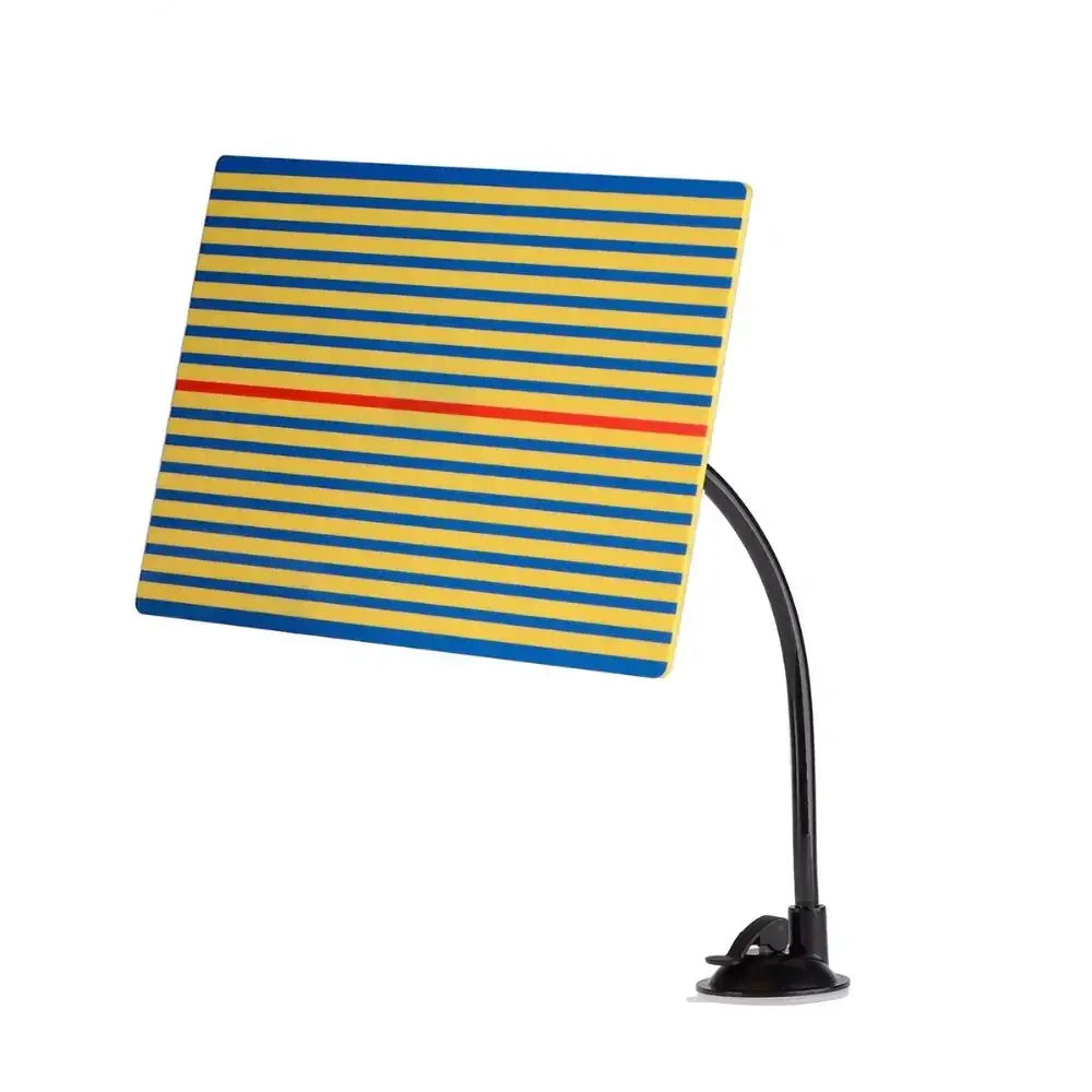 A vibrant yellow and blue striped diagnostic board with a single red stripe, mounted on a black flexible arm attached to a suction cup base.