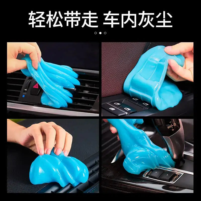Bright blue, stretchy, gel-like car cleaning slime designed for easy dust removal from vehicle interiors.