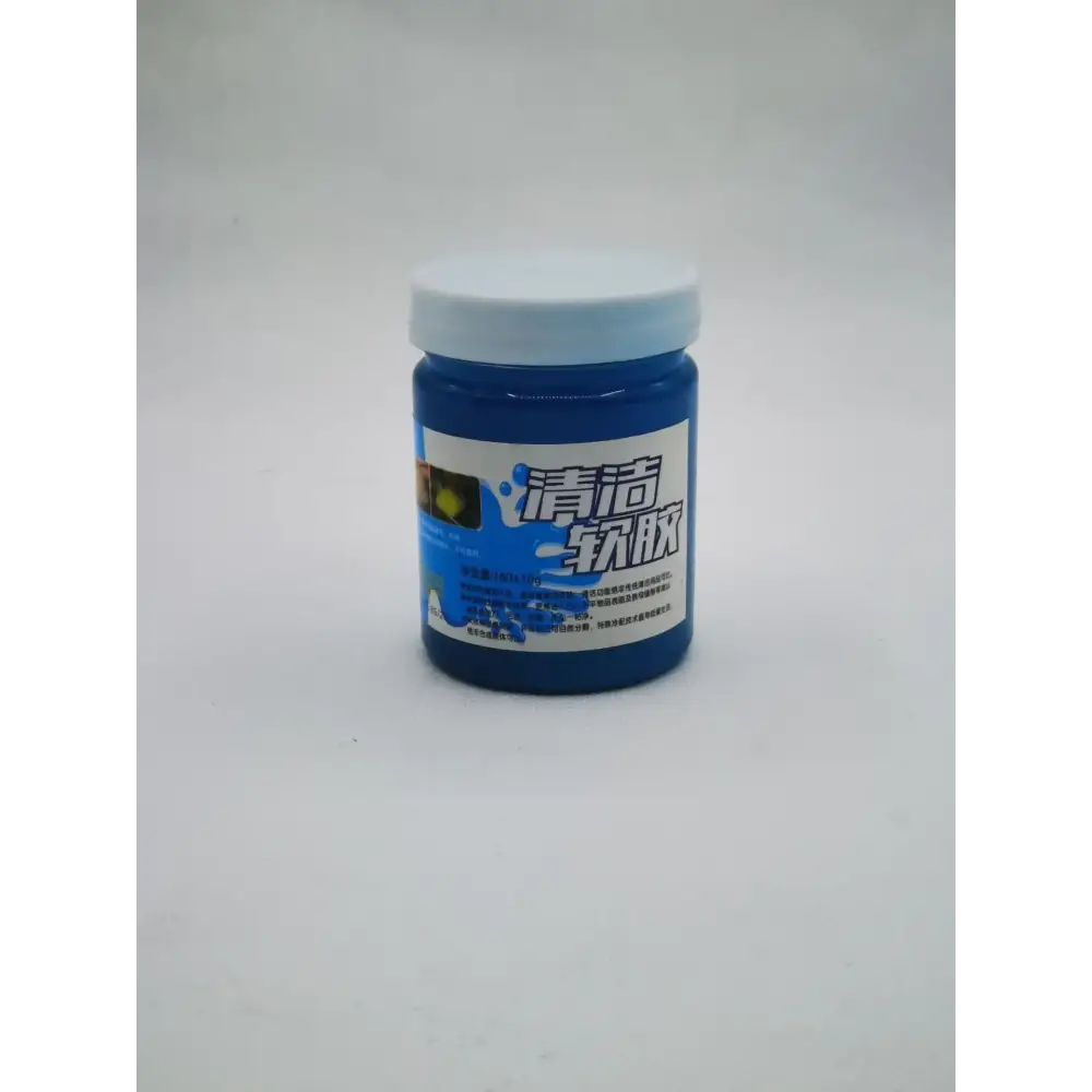 A blue jar with a white lid and label, containing cleaning gel for soft rubber.