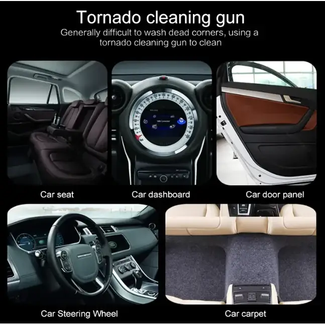 Tornado cleaning gun for detailed car interior cleaning.