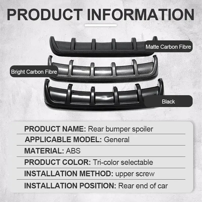 Tri-color selectable rear bumper spoiler made of abs material, available in matte carbon fibre, bright carbon fibre, and black finishes.