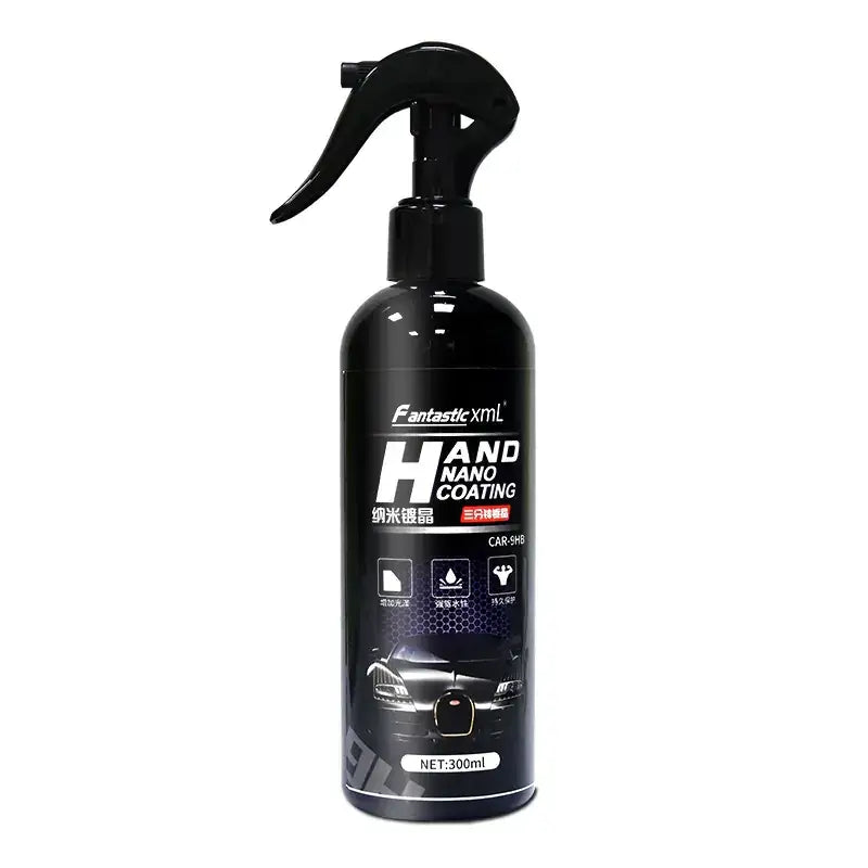 Black spray bottle with a black trigger nozzle, labeled ’fantastic xml hand nano coating’ and marked as 300ml.