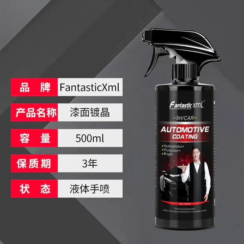 Black spray bottle of fantasticxml automotive coating, 500ml liquid hand-spray with a glossy finish and red branding accents.
