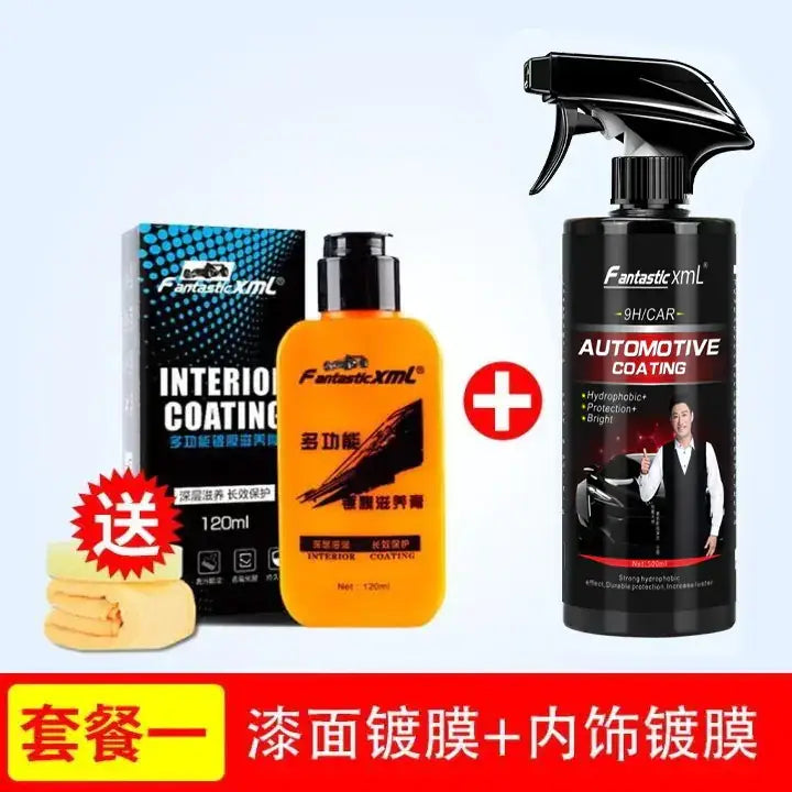Black spray bottle with a black trigger nozzle and white text labeling it as ’fantasticxml automotive coating’
